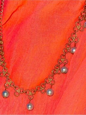 Gold Chain Necklace with light blue faux Pearl Drops - Women's Jewelry